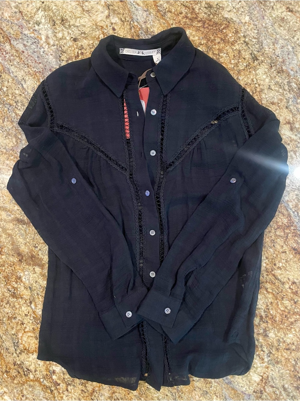 Chelsea & Violet Black 100% Cotton Button Down Blouse Adjustable 3/4 Sleeves L